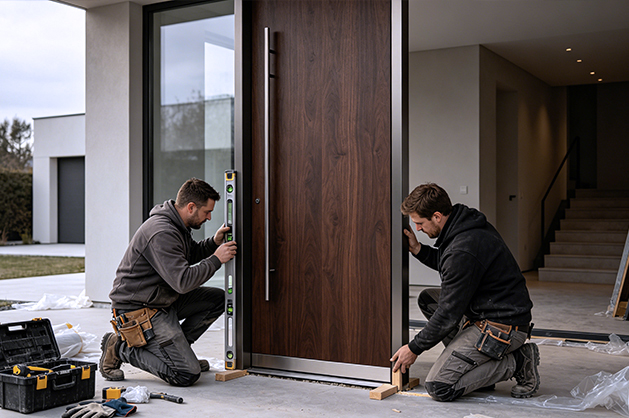Commercial building entrance with large glass doors