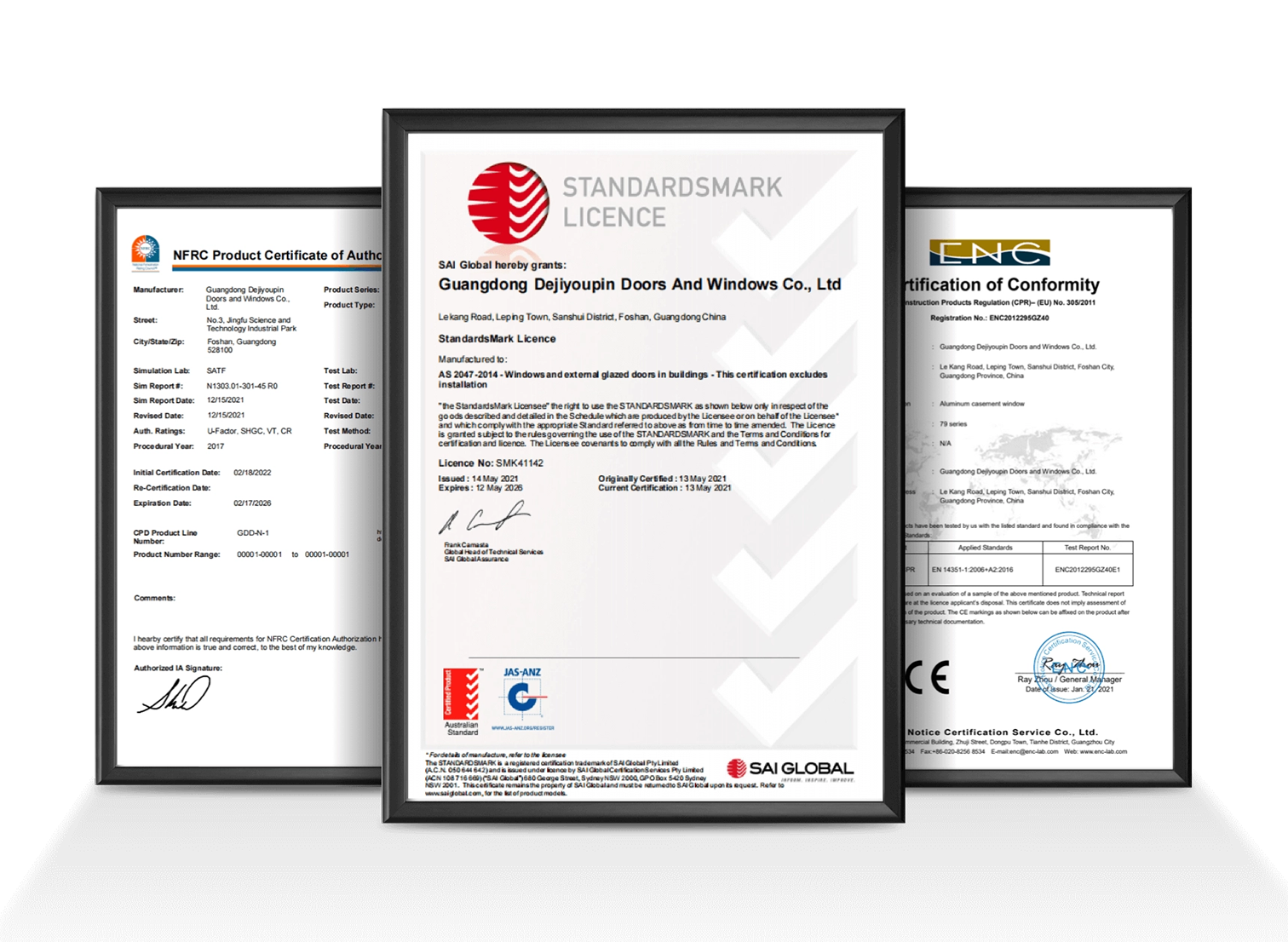 DERCHI entry door certificates including CE, ISO9001, AS2047 and UL