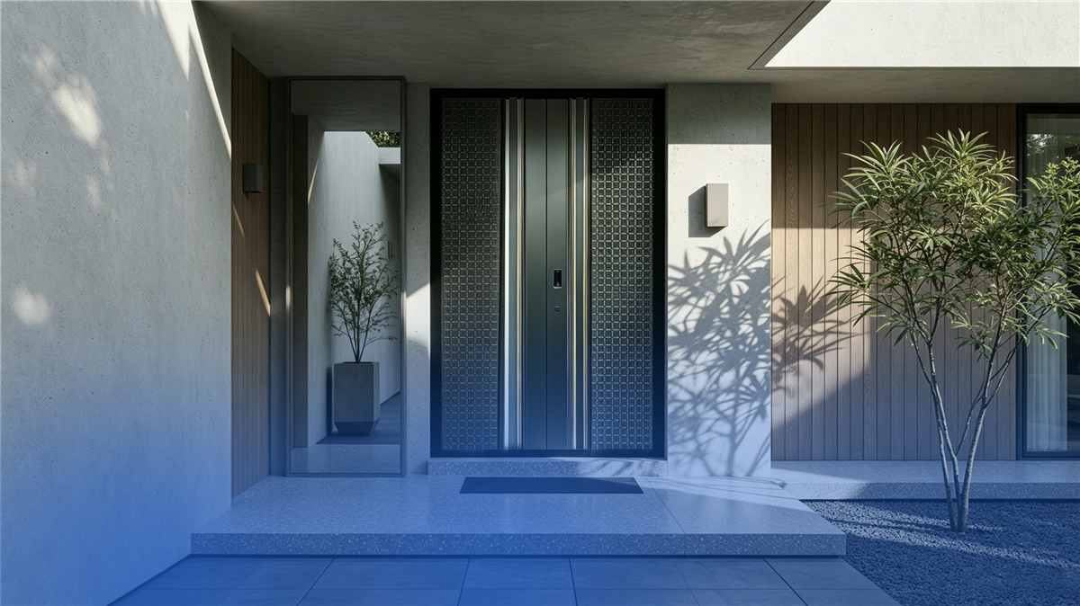 Cast aluminum entry door with carved three-dimensional detailing