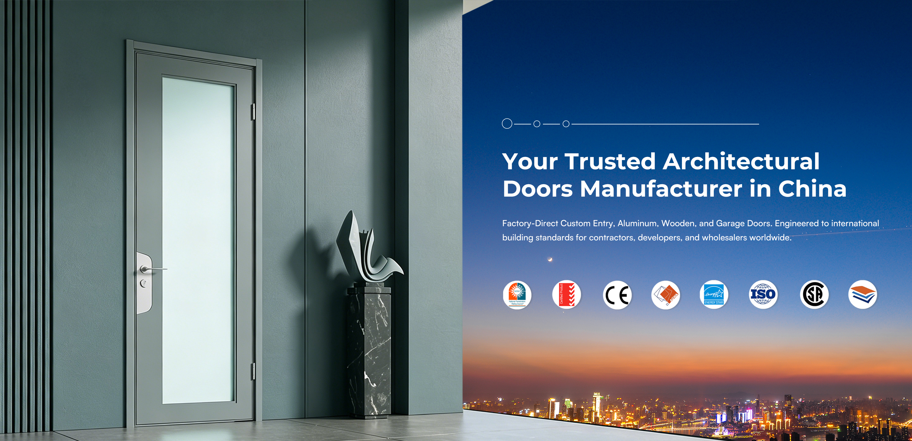 DERCHI luxury pivot entry door with warm interior lighting