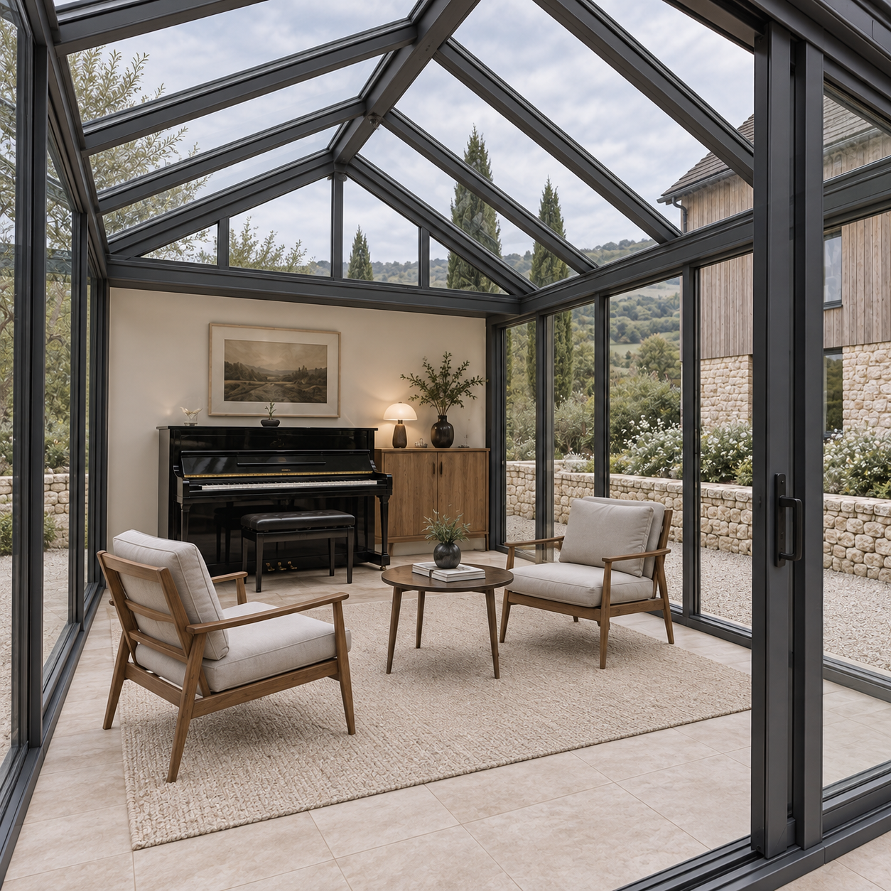 Music Lounge Aluminum Sunroom Gable Double Tempered Glass Roof Sliding Doors for Hotel Private Garden Leisure Customizable
