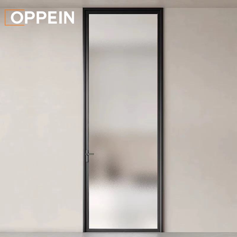 OPPEIN Modern Frosted Glass Interior Door Slim Aluminum Frame Privacy Door for Hotel Apartment Commercial Project Contractor