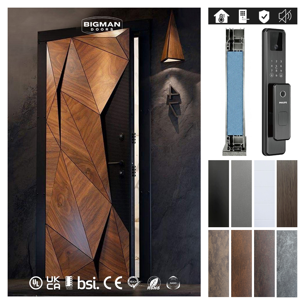 Luxury Modern 3D Triangle Design Aluminum Security Door All Weather Wooden Textured For Apartment Villa Exterior Front Entry