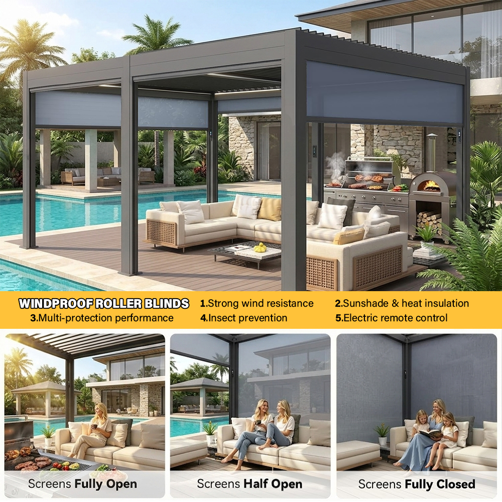 Environmental-friendly Aluminum Alloy Pergola Electrically-operated Folding Glass Doors for Modern Backyard Outdoor Living UV