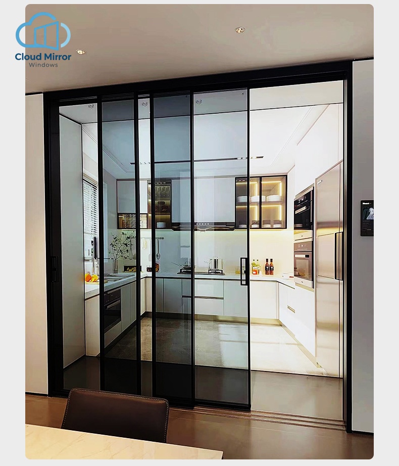 Ultra Slim Aluminum Interior Folding Doors with Grey Tempered Glass for Kitchen