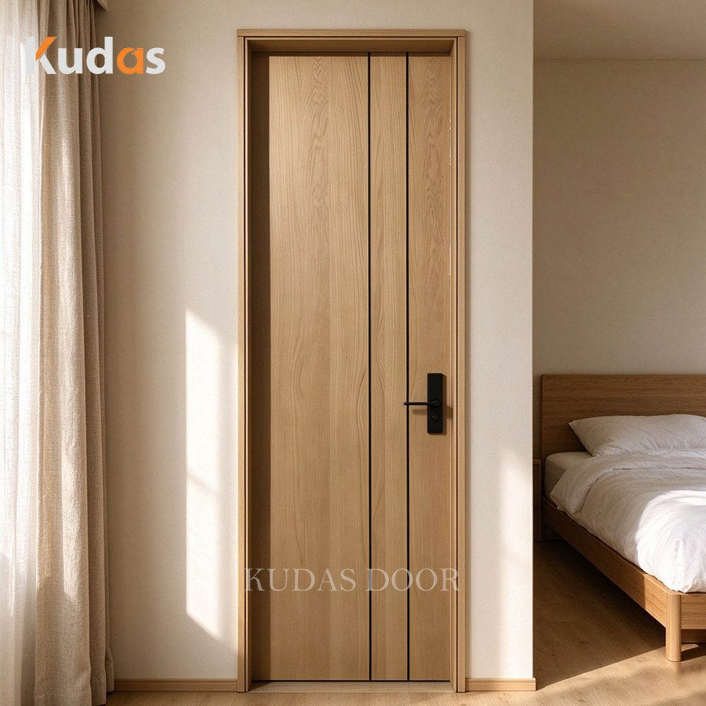 Modern Vertical Black Line Decor Wood Veneer Interior Wooden Door Minimalist Flush Wooden Indoor Room Door for Home Bedroom