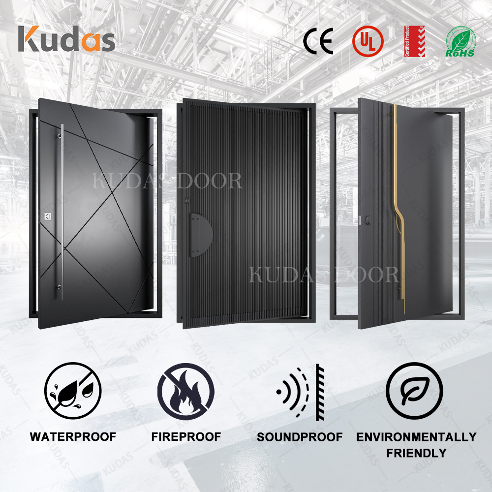 Modern Home Grey Cast Aluminum Front Pivot Door Exterior Waterproof Durable Main Entrance Security Door With Glass Sidelights