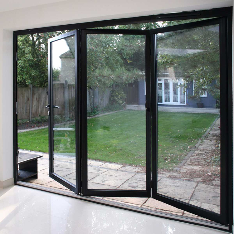 Modern Aluminum Sliding Bifold Doors Double Glazing Tempered Glass Germany Kerssenberg Hardware Black Finish 5 Year Courtyard