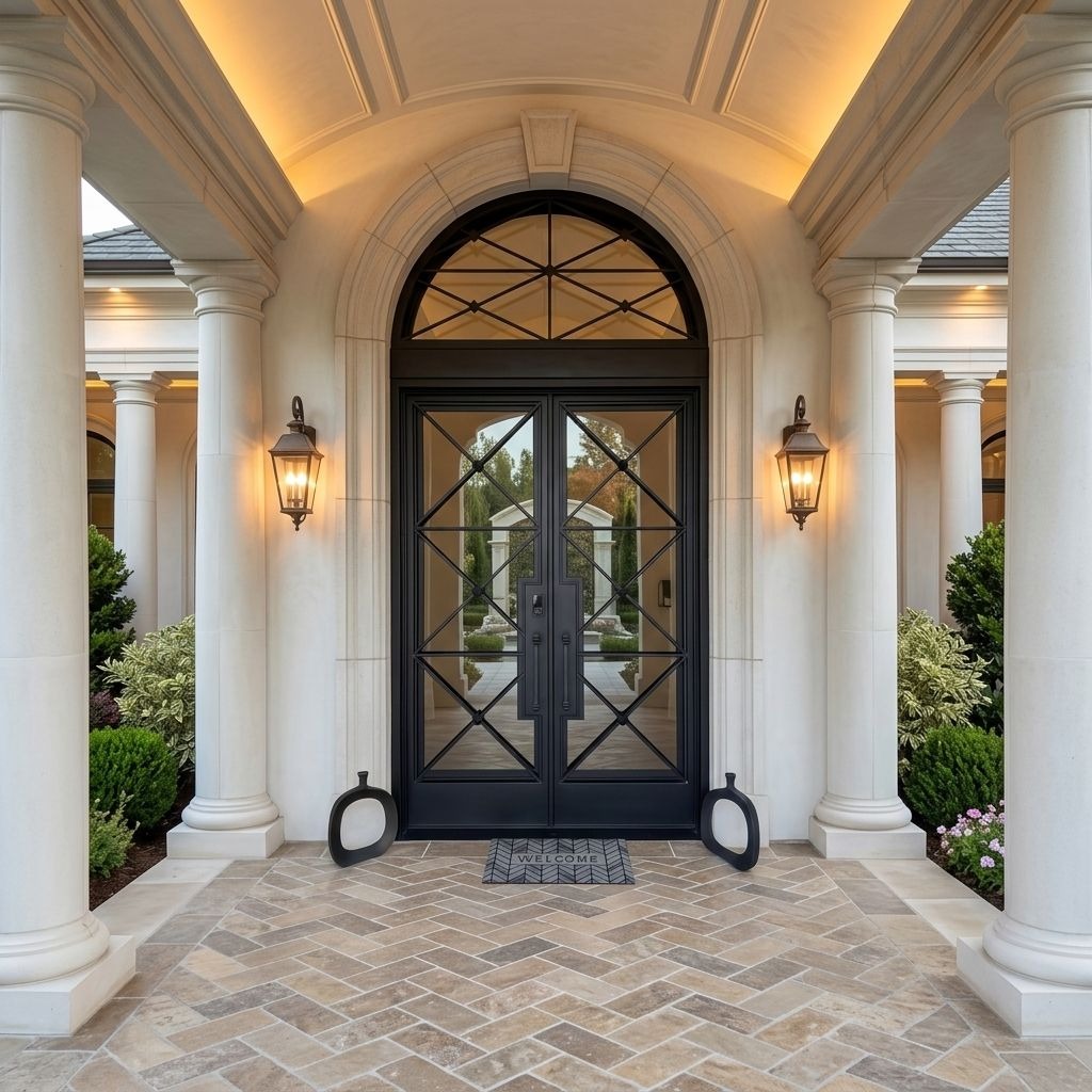 Wrought Iron Double Entry Door Round Top Tempered Glass