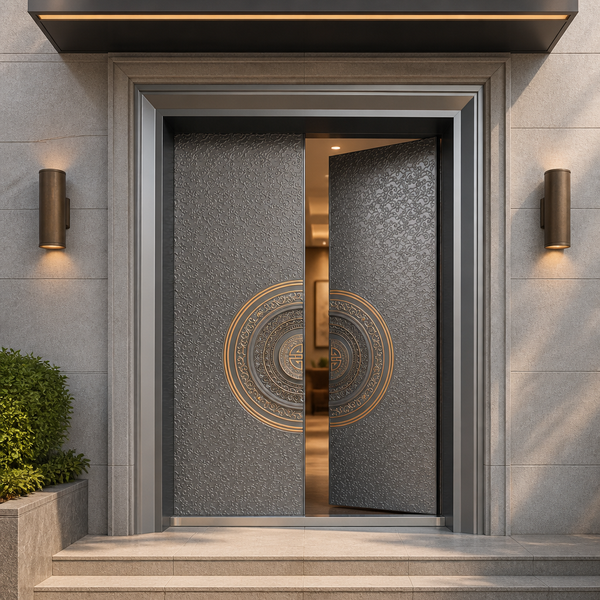 Waterproof Cast Aluminum Double Door with Spun Texture Panel and Copper Ring for Business Lounge