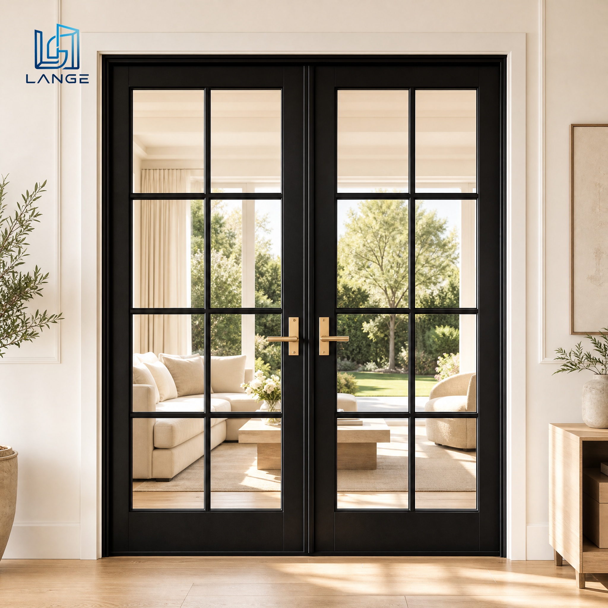 Thermal Break French Grid Aluminum Casement Door Energy Saving Exterior Entrance Glass Swing Doors for Patio Balcony LANGE