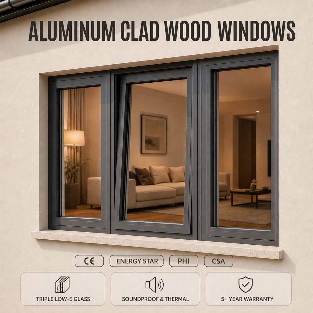 Modern Wood Aluminum Window Casement Fireproof Anti-Theft Double Glazed Insulated Glass CSA Certified for Office