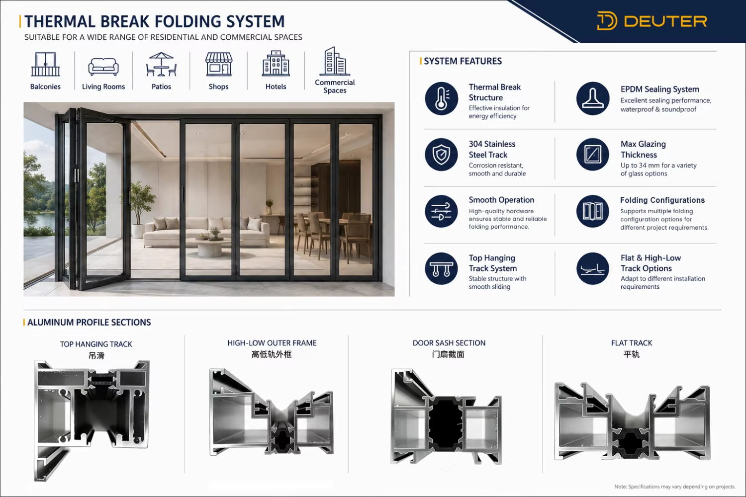Waterproof Aluminum Accordion Folding Door Thermal Break Storefront Bifold Glass Doors Double Glazed Large Opening Urban Street