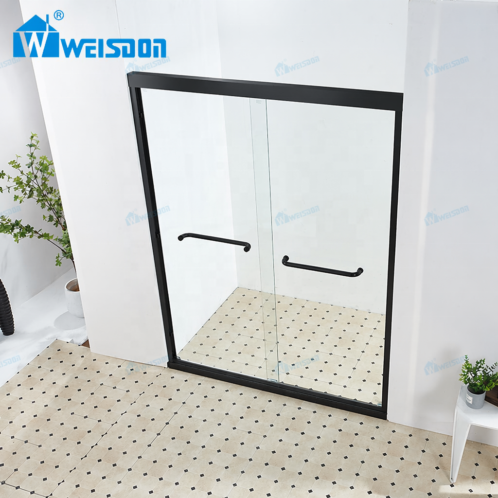 Custom Design Villa Hotel Bathroom Matte Black Aluminum Alloy 5+5mm Laminated Tempered Glass Framed Double Sliding Shower Door