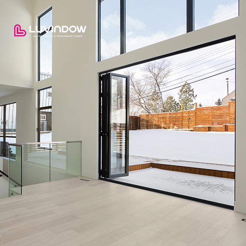 Modern Aluminum Multi-Panel Tempered Glass Folding Door Soundproof Thermal Break Patio Sliding for Hotels & Villas Powder Coated