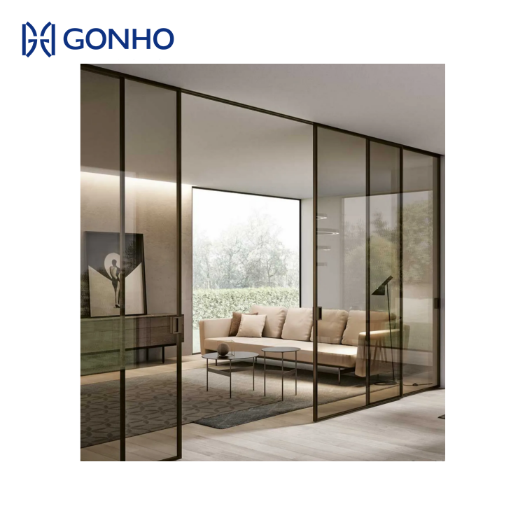 GONHO Hurricane Impact Glass Sliding Door Interior Partition Doors Aluminum Alloy Profile Glass Sliding Door Slim Trackless