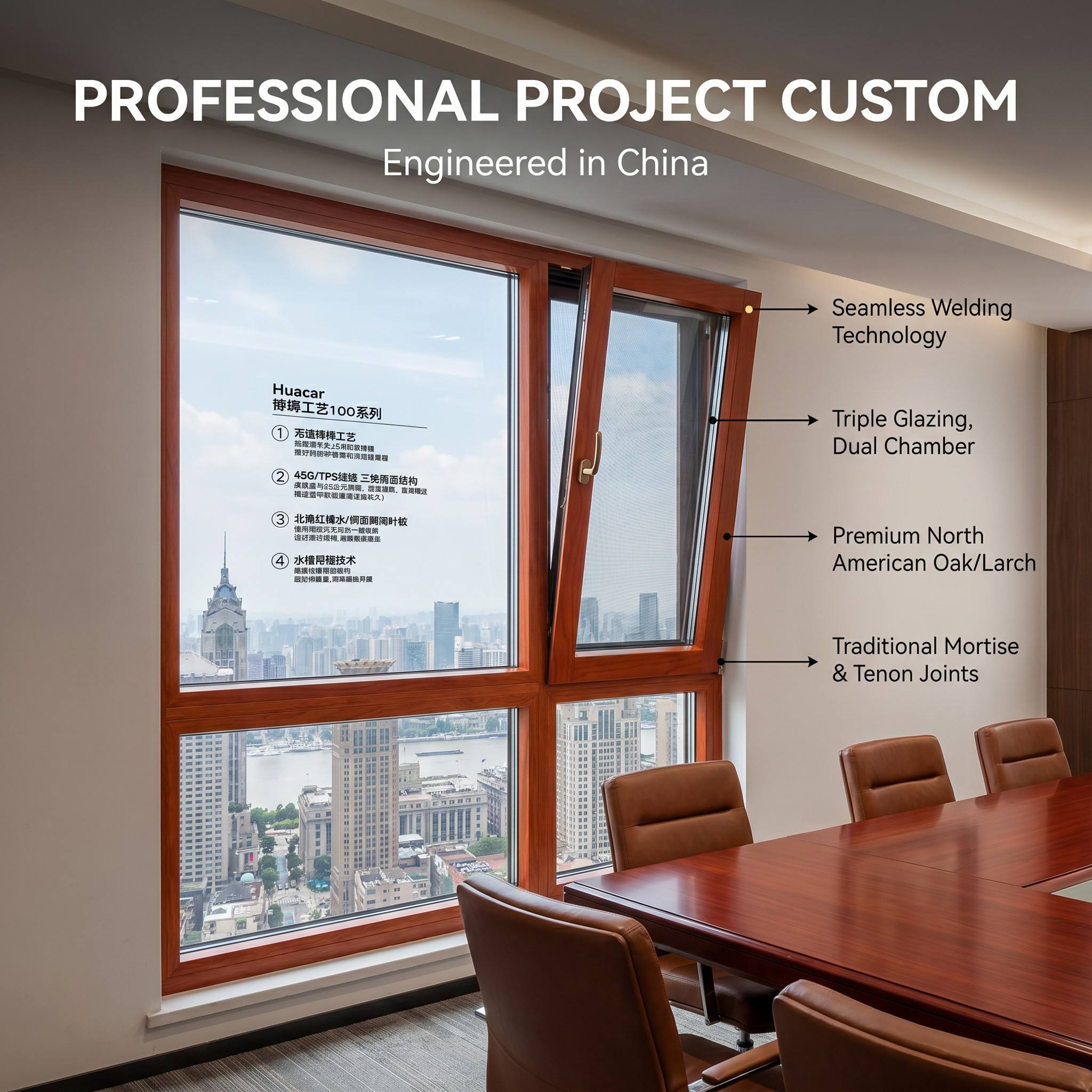 HUACAI Russian Larch Grade Aluminum Wood Composite Window Sound Insulation Glazed System Window