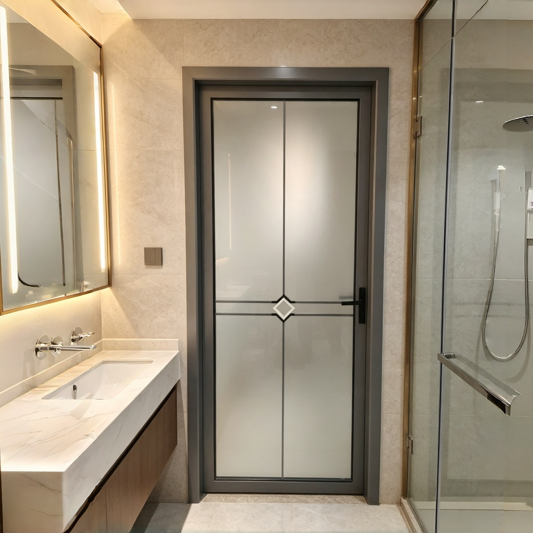 Aluminum Framed Interior Swing Door Frosted Tempered Glass Easy Installation For Villa Apartment Bathroom Toilet