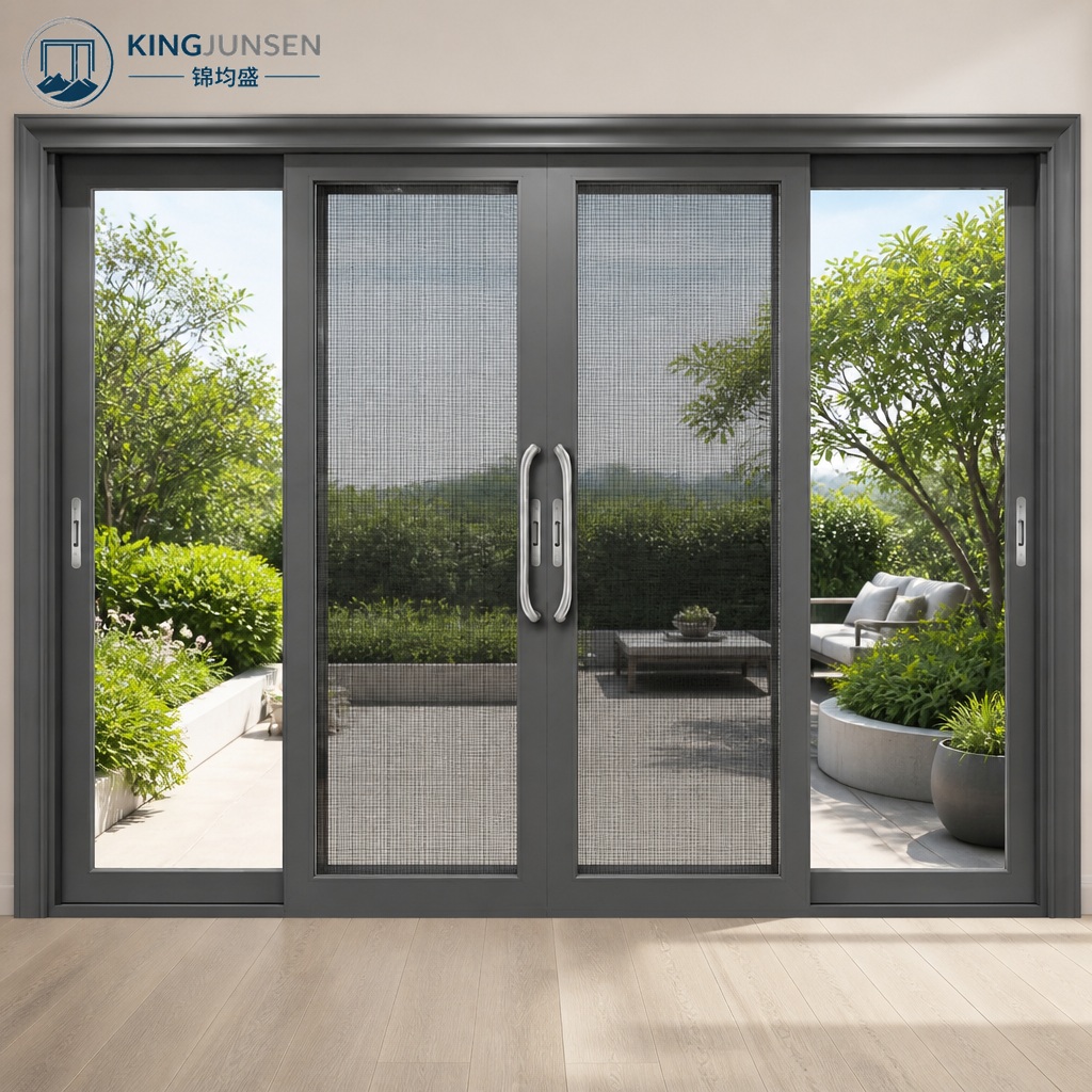 Modern Aluminum Alloy Partition Sliding Doors Double Tempered Glass Waterproof Mesh Fly Screen Powder Coated Finish Customizable