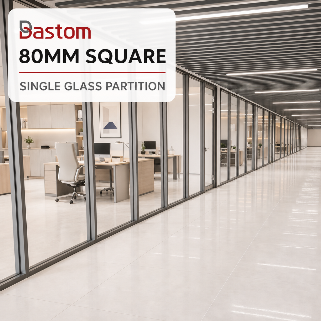 80mm Wall Thickness Square Aluminum Frame Single Glass Partition for Modern Commercial Interiors