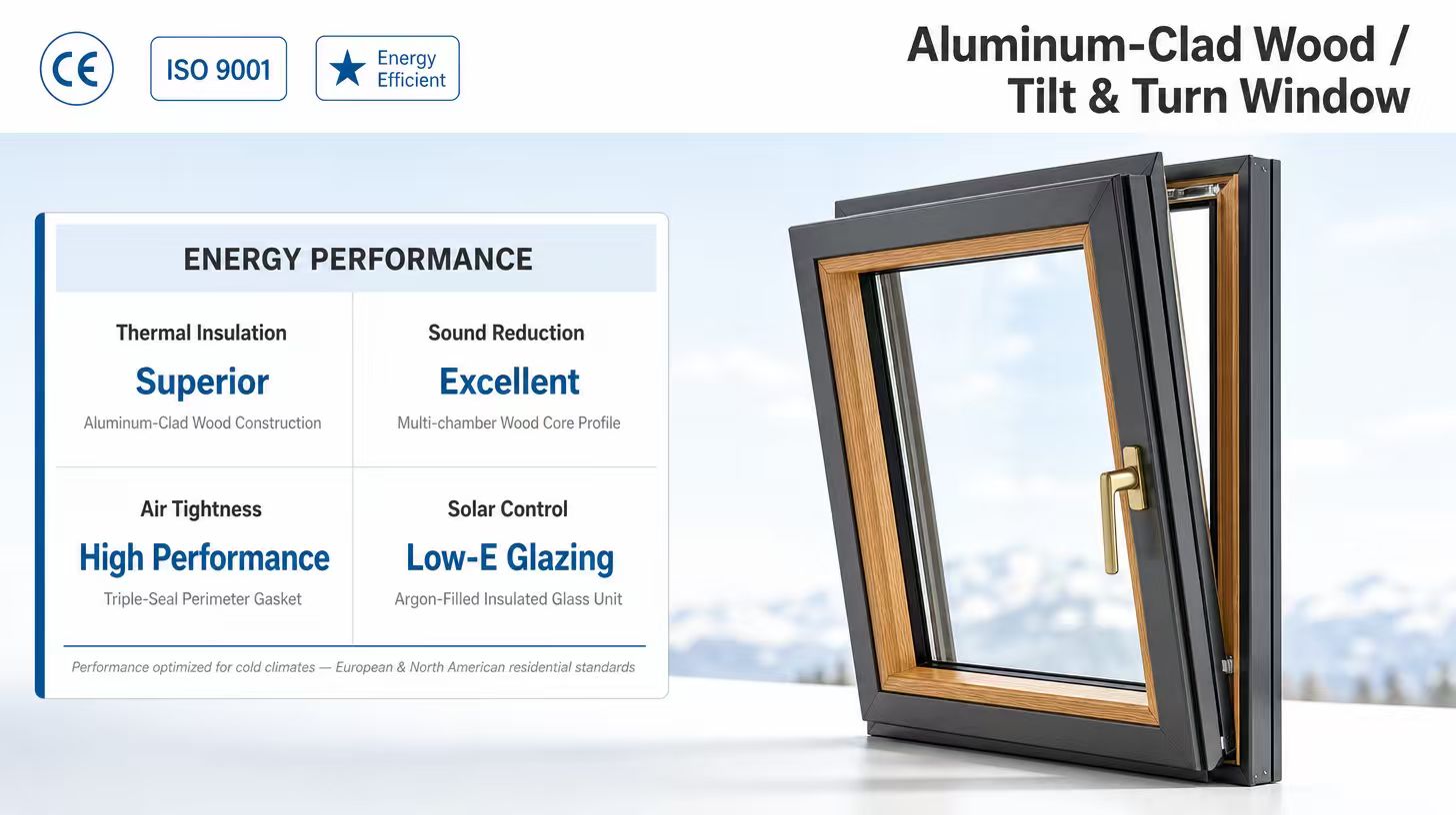 Energy Saving Aluminum Clad Wood Casement Window Outward Opening Home Replacement Window