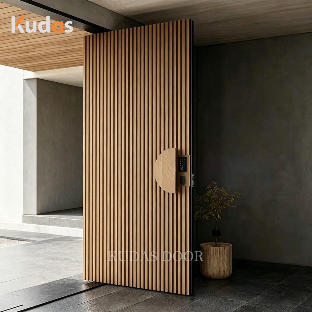 Modern Luxury Pivot Front Entry Door Customizable Cast Aluminum Solid Wood Exterior Security Entrance Door for High-End Villa