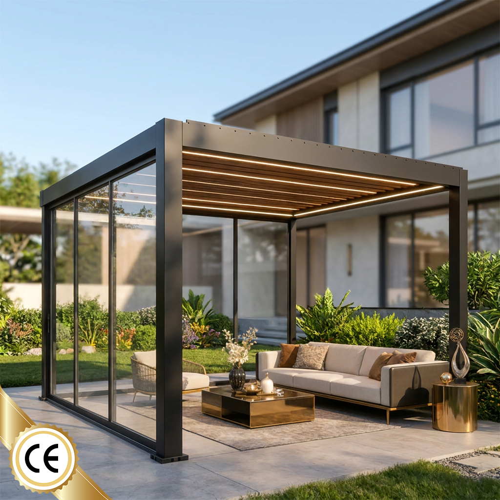 Environmental-friendly Aluminum Alloy Pergola Electrically-operated Folding Glass Doors for Modern Backyard Outdoor Living UV