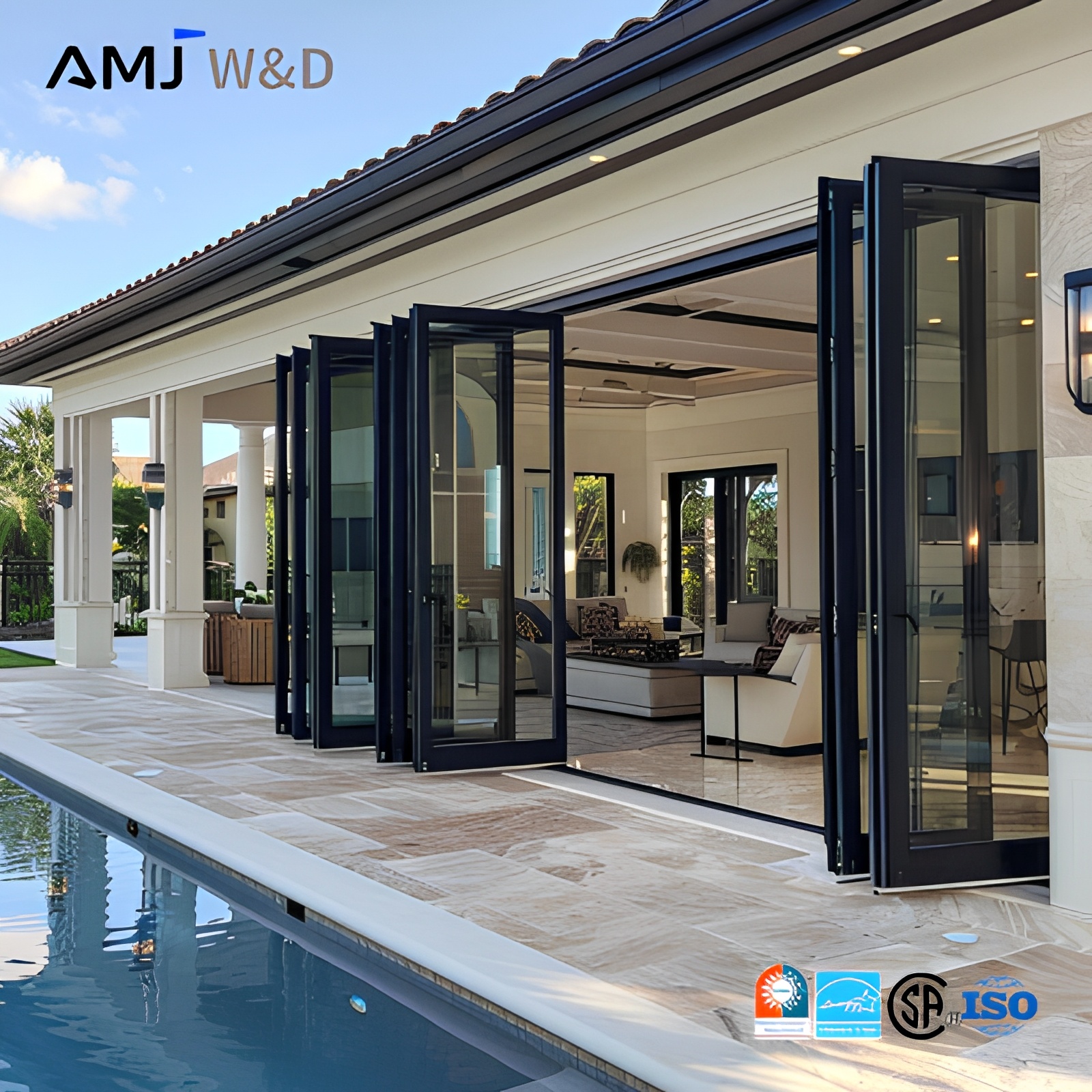 Custom Hotel Exterior Bifold Doors Foldable Waterproof Windproof Aluminum Folding Glass Patio Doors