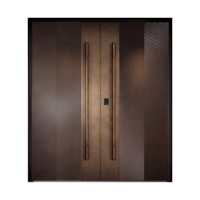 Modern Aluminum Entry Door Brown Bronze Textured Double Front Door Fingerprint Smart Lock Anti Theft for Hotel