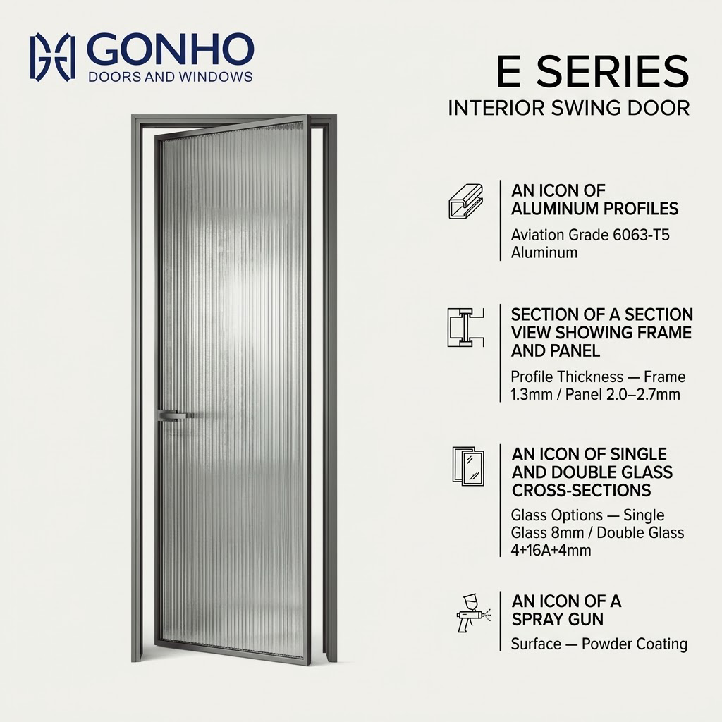 Aluminum Interior Swing Door with Glass Panel for Modern Bathroom and Residential Interior Projects