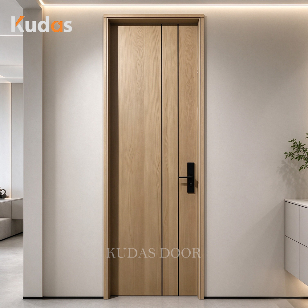 Modern Vertical Black Line Decor Wood Veneer Interior Wooden Door Minimalist Flush Wooden Indoor Room Door for Home Bedroom