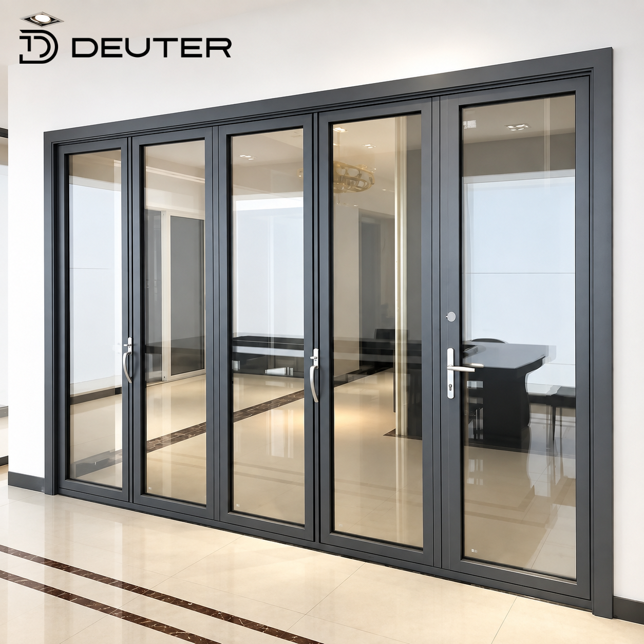 Waterproof Aluminum Accordion Folding Door Thermal Break Storefront Bifold Glass Doors Double Glazed Large Opening Urban Street