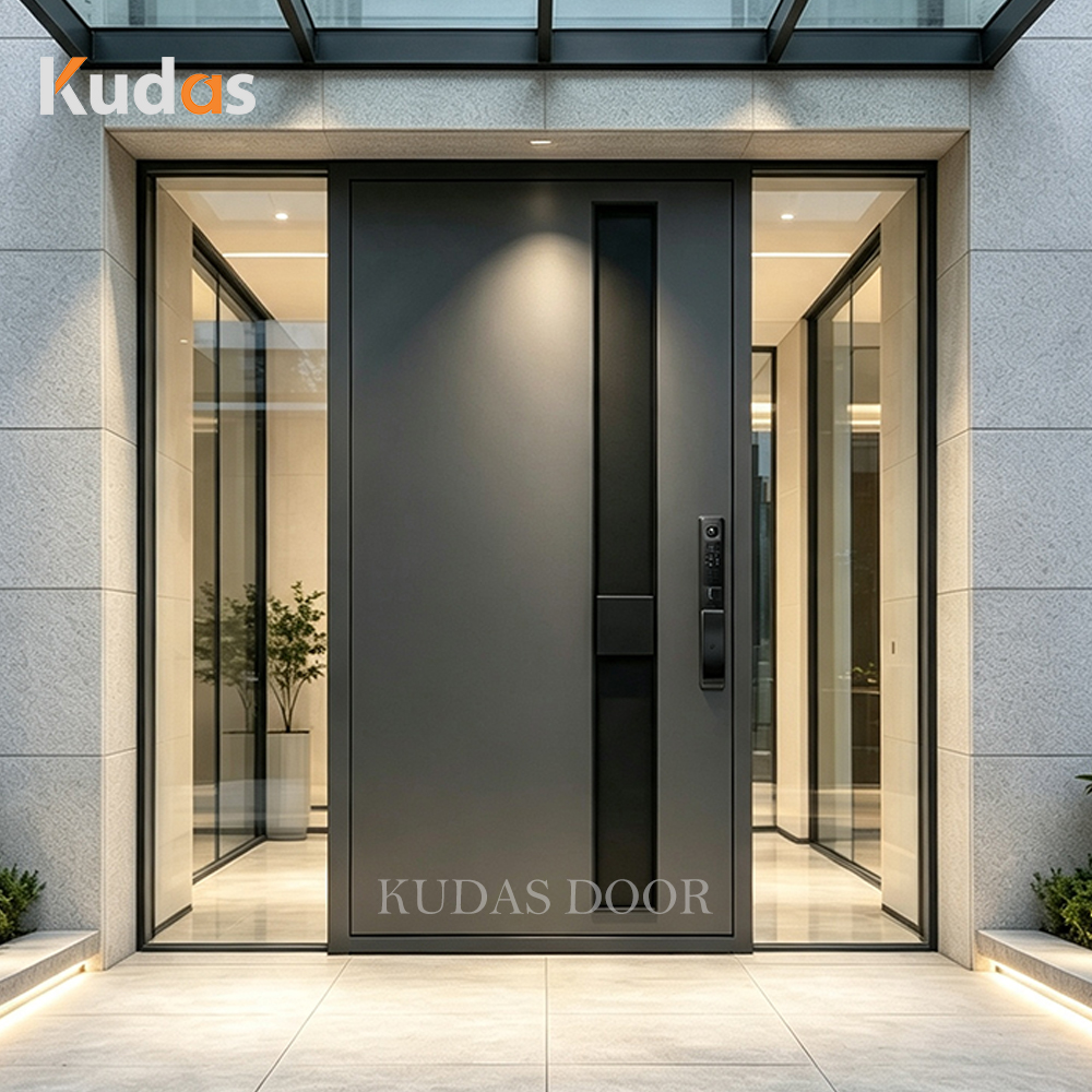 Modern Home Grey Cast Aluminum Front Pivot Door Exterior Waterproof Durable Main Entrance Security Door With Glass Sidelights