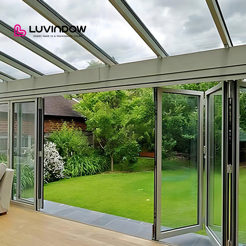 Modern Aluminum Multi-Panel Tempered Glass Folding Door Soundproof Thermal Break Patio Sliding for Hotels & Villas Powder Coated