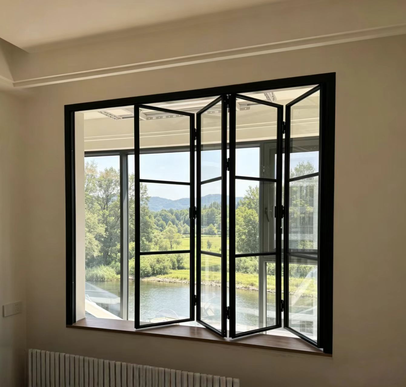 European Style Modern Pure White Aluminum Bi-Fold Door Tempered Glass Full View Folding Sliding Exterior Bathroom Entry