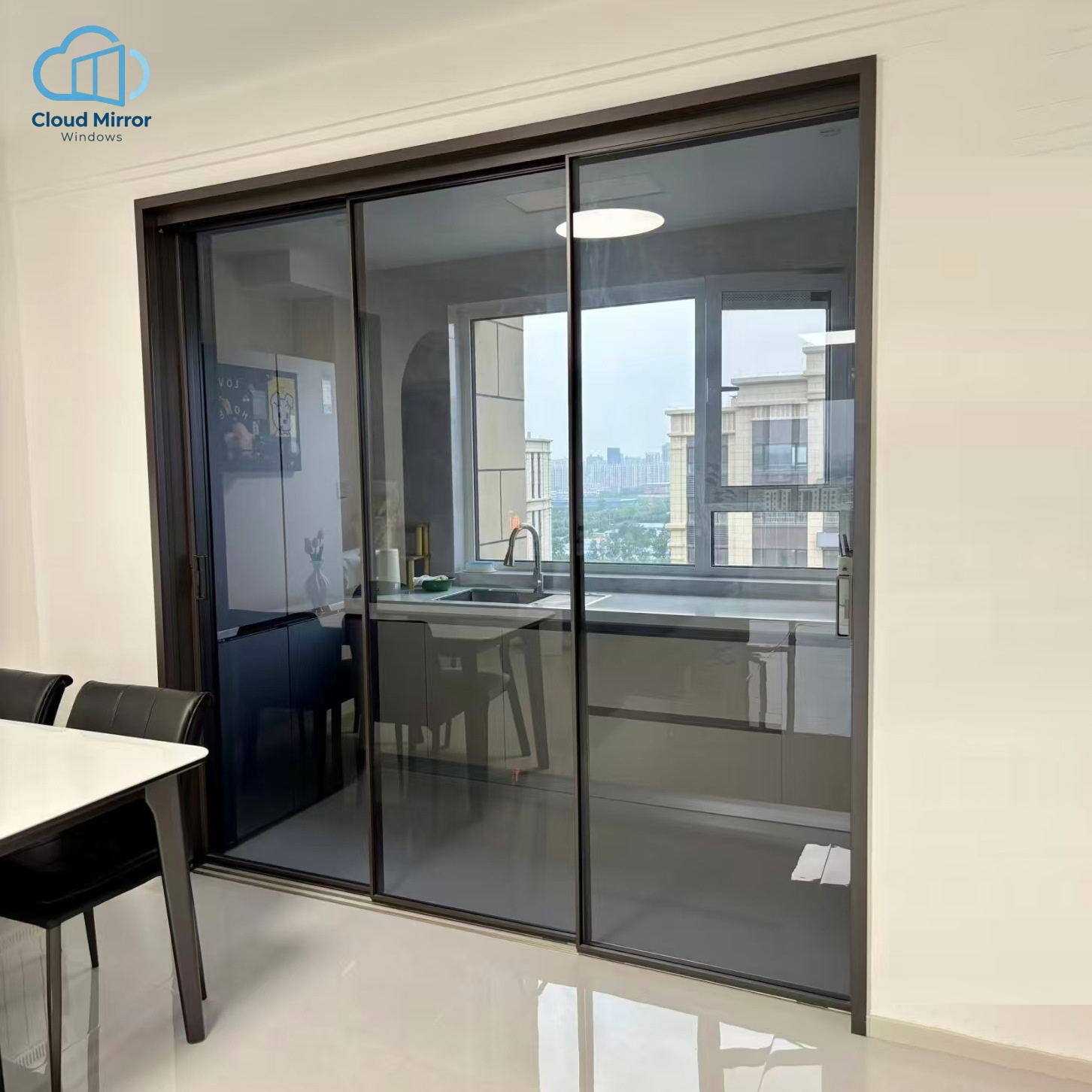 Ultra Slim Aluminum Interior Folding Doors with Grey Tempered Glass for Kitchen