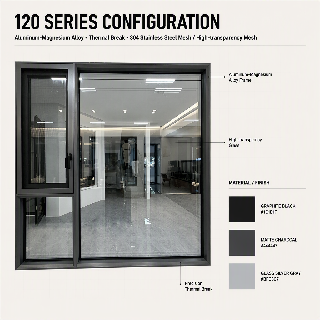 120 Series Casement Window Center Fixed Side Open Thermal Break Aluminum Window