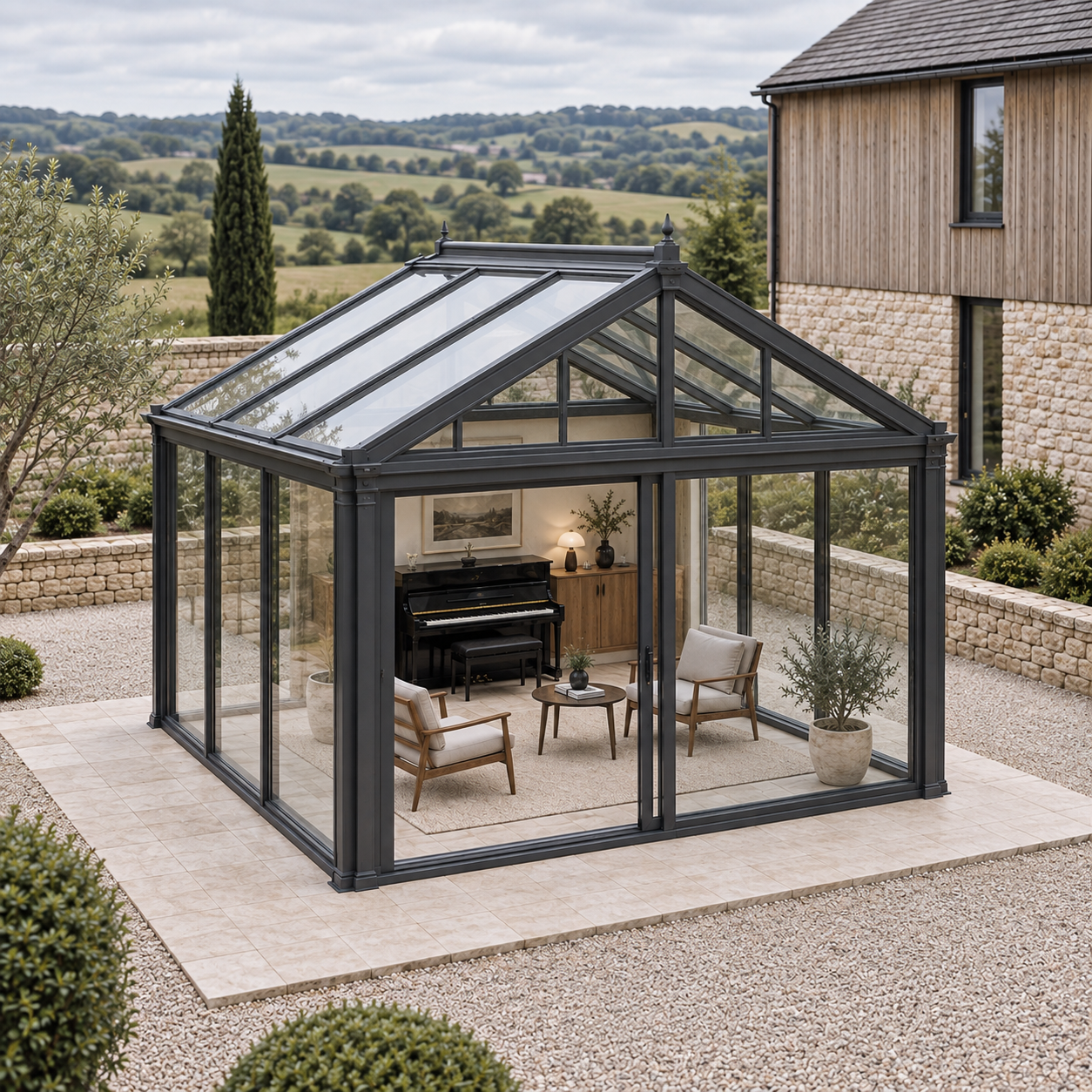 Music Lounge Aluminum Sunroom Gable Double Tempered Glass Roof Sliding Doors for Hotel Private Garden Leisure Customizable