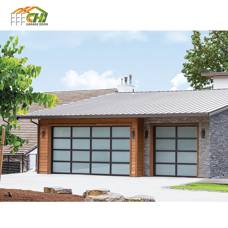 CHI Custom Size Residential Black Glass Aluminum Sectional Door Automatic Double Tempered Glass Garage Doors for Villa