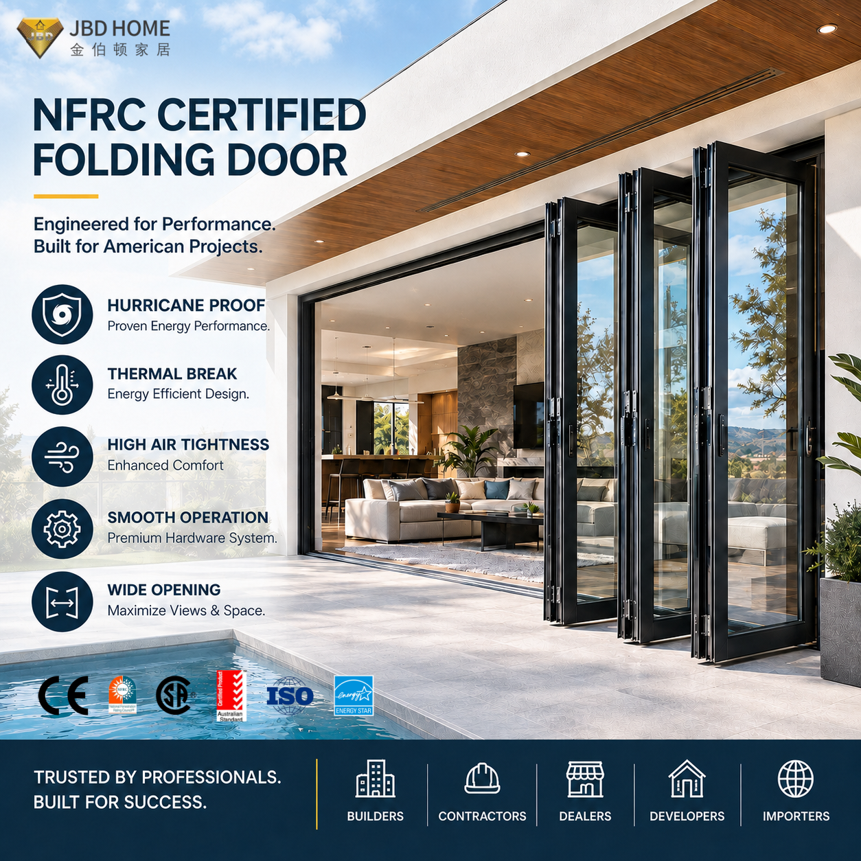 NFRC Modern Villa Indoor Patio Folding Door Aluminum Partition Double Glass Bi-fold Doors Thermal Insulation Windproof