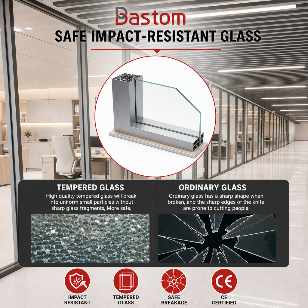 80mm Wall Thickness Square Aluminum Frame Single Glass Partition for Modern Commercial Interiors