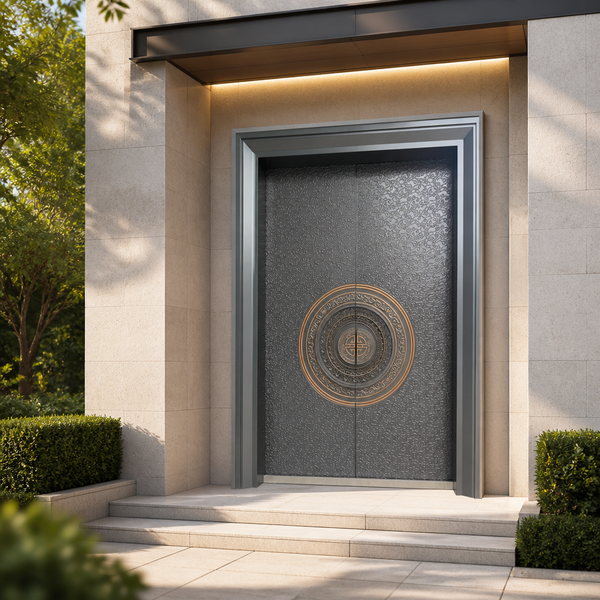 Waterproof Cast Aluminum Double Door with Spun Texture Panel and Copper Ring for Business Lounge