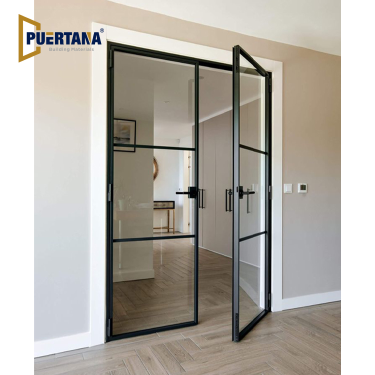 Modern Indoor Aluminium French Casement Swing Glass Door Internal Glass Walls Divider Interior Metal Framed French Doors