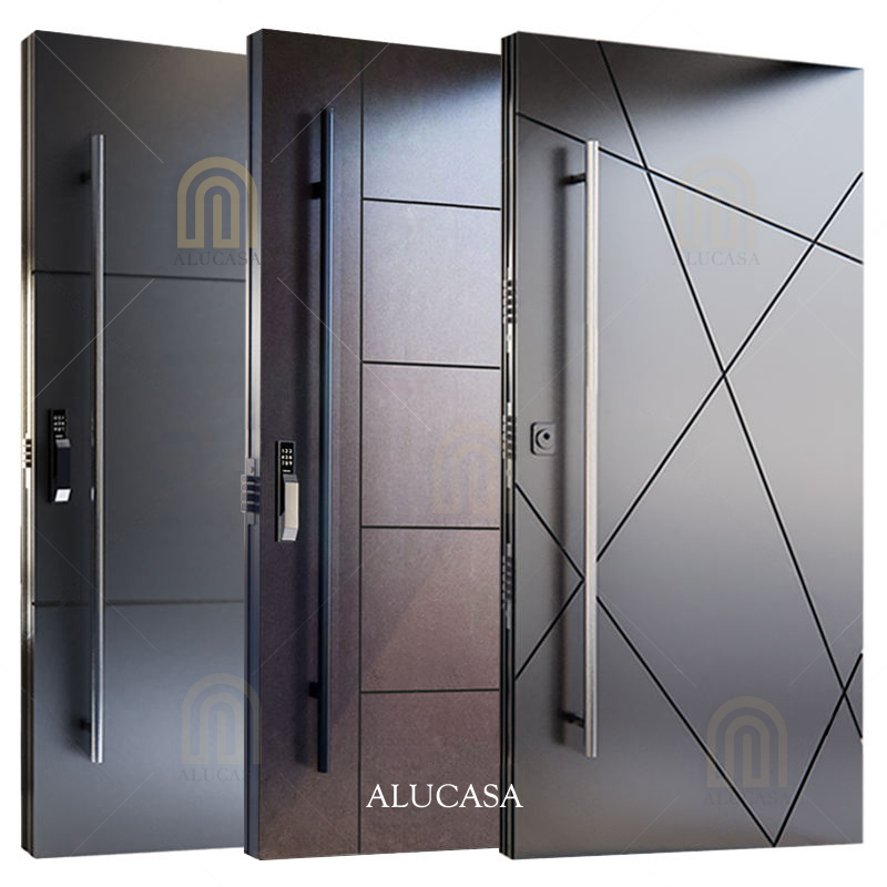 Alucasa American Black Steel Solid Wood Aluminum Doors External Wooden Pivot Main Door for House Modern Front Entry Doors