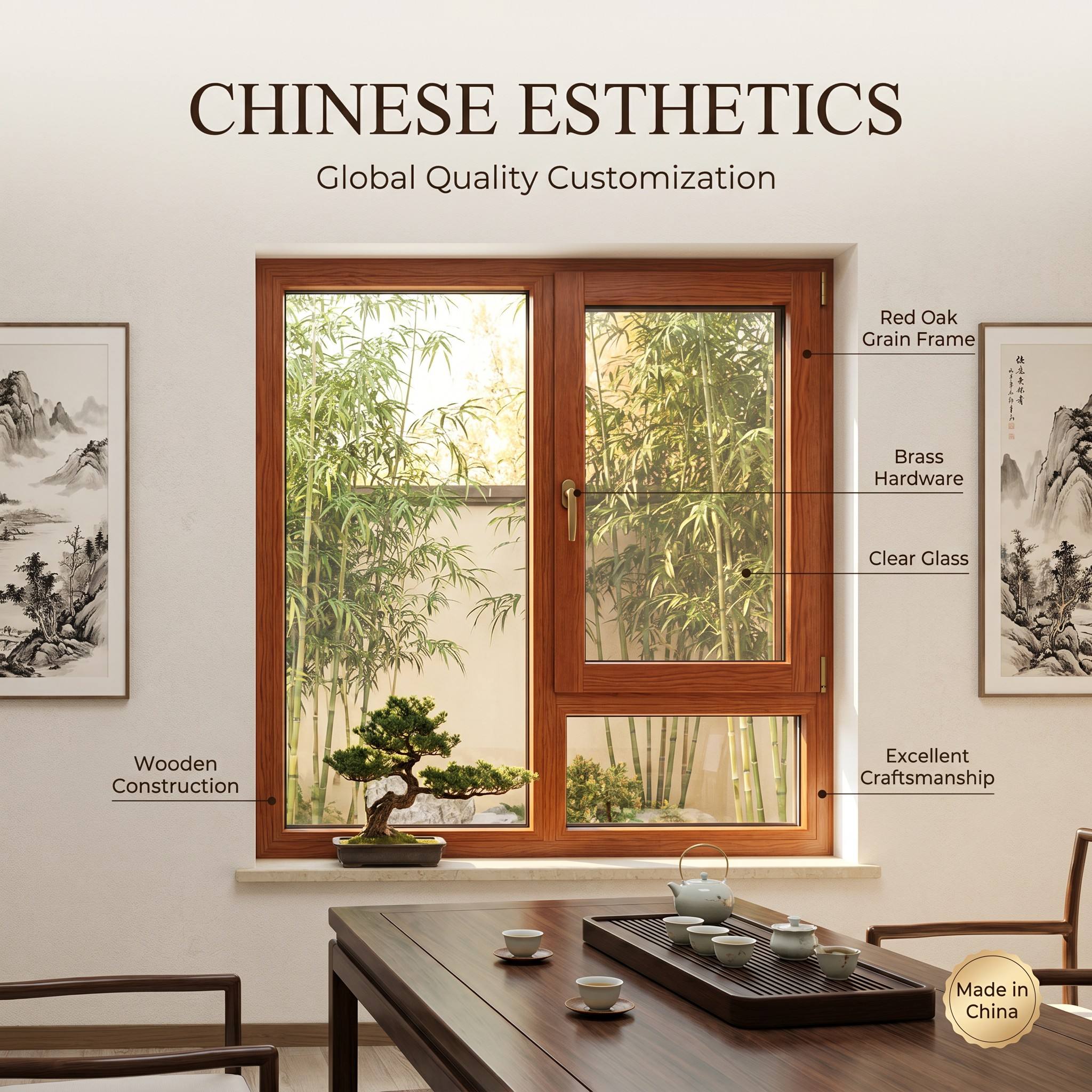 HUACAI Russian Larch Grade Aluminum Wood Composite Window Sound Insulation Glazed System Window