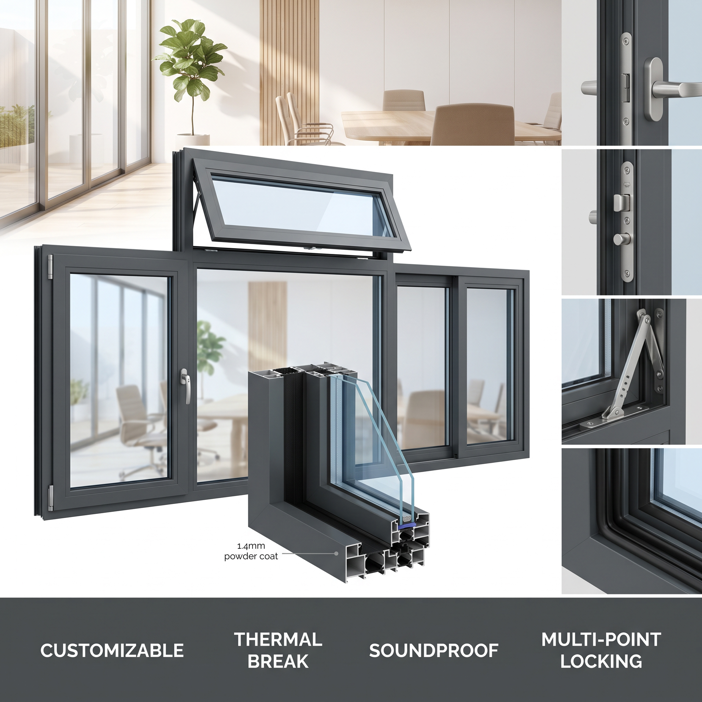 Custom Soundproof Aluminium Frame Windows For Office And Home Thermal Insulation
