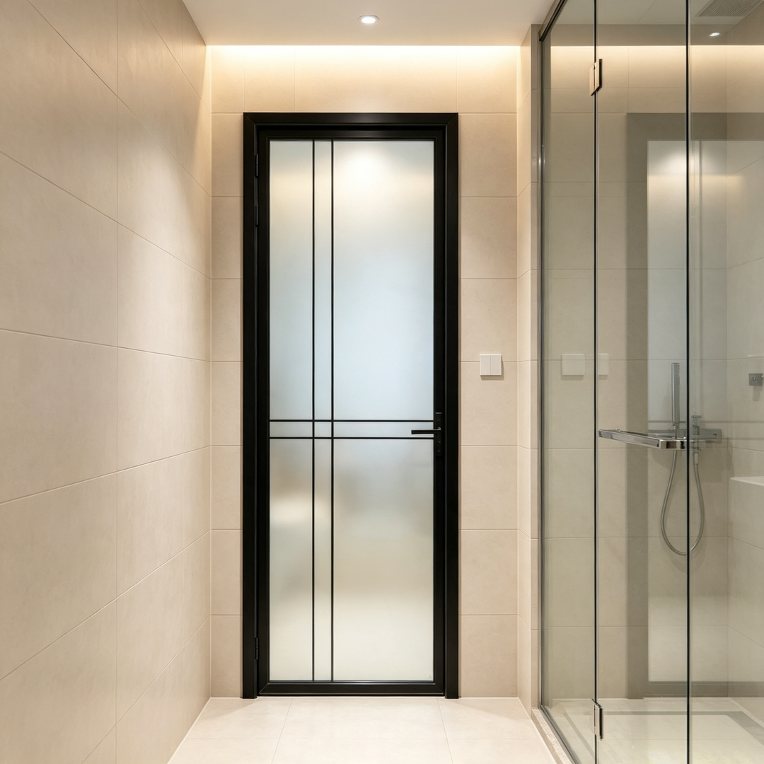 Aluminum Framed Interior Swing Door Frosted Tempered Glass Easy Installation For Villa Apartment Bathroom Toilet