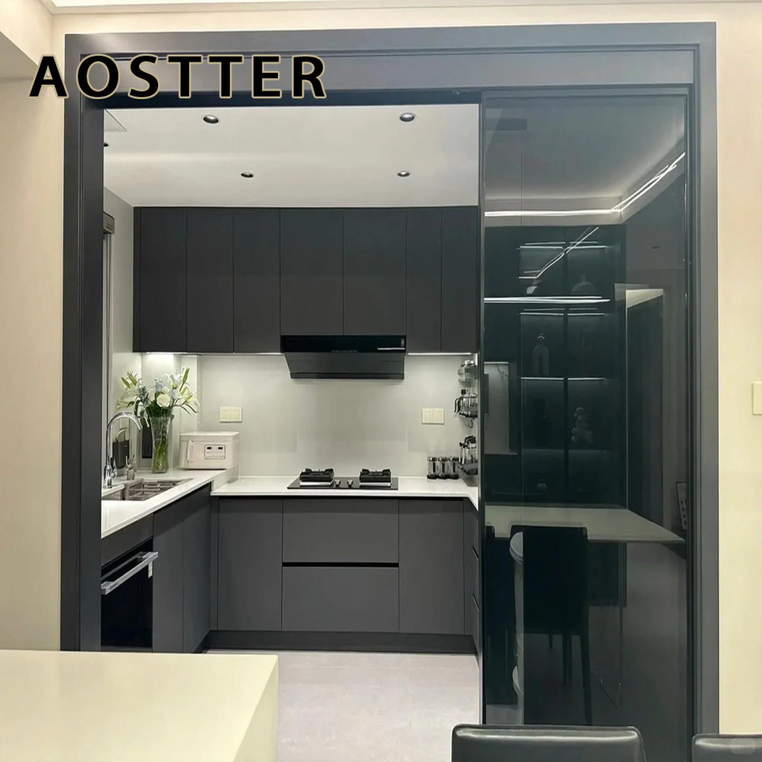 AOSTTER Semi-Open Kitchen Aluminum Partition Door with Clear Vision Tempered Panel and Durable Alloy Frame for Urban Flat