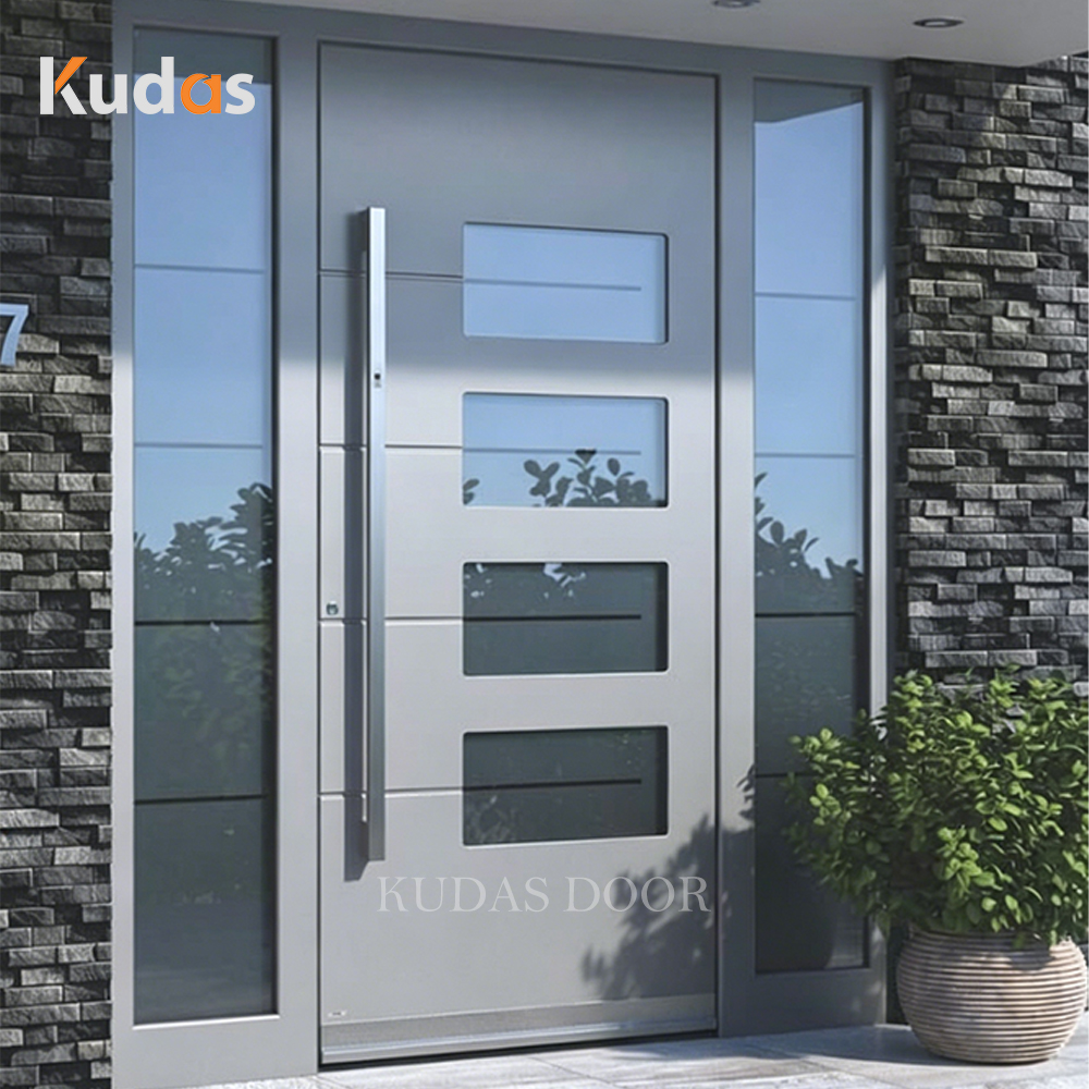 Modern Soundproof Windproof Seal Cast Aluminum Front Entry Pivot Door Villa Exterior Security Entrance Door With Glass