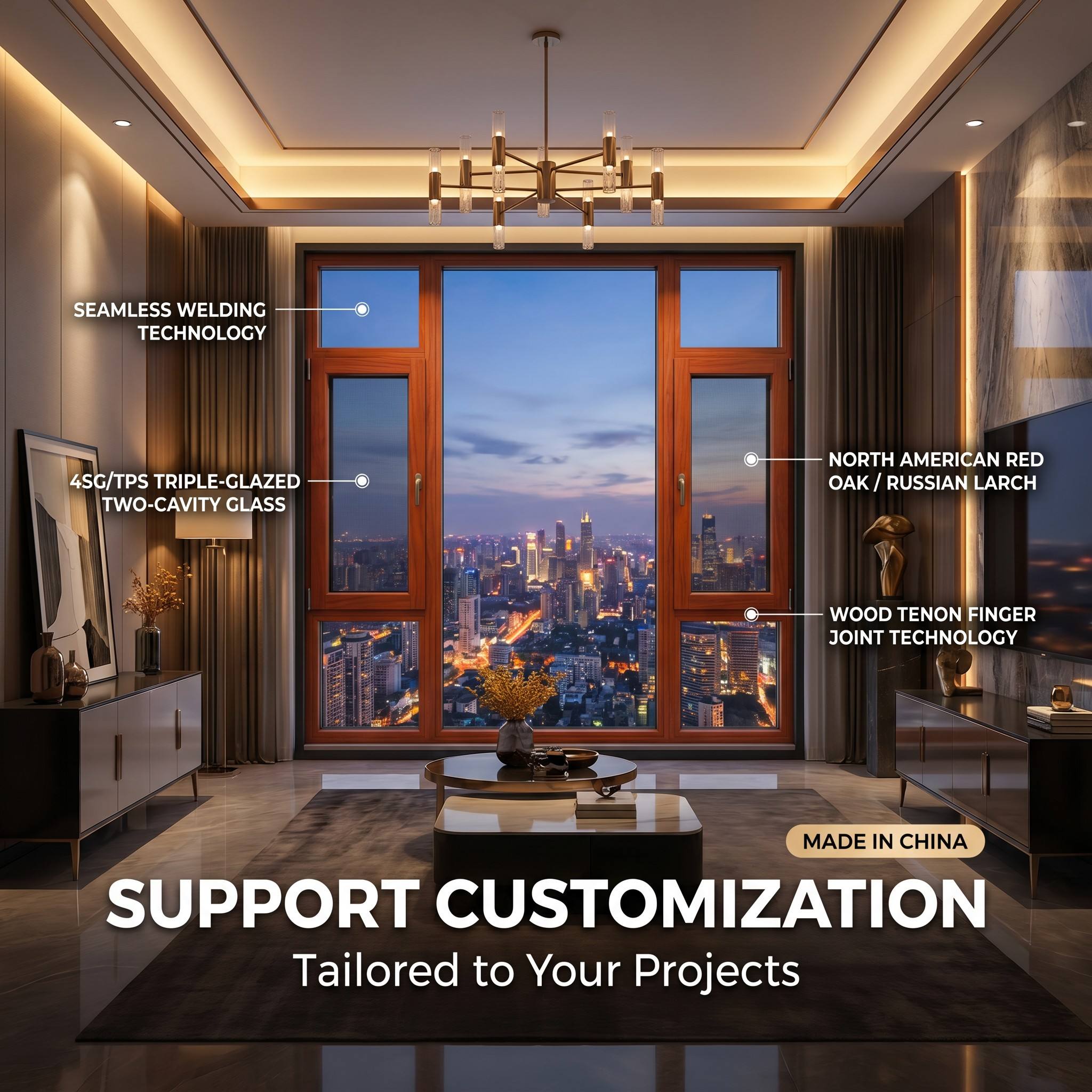 HUACAI Russian Larch Grade Aluminum Wood Composite Window Sound Insulation Glazed System Window